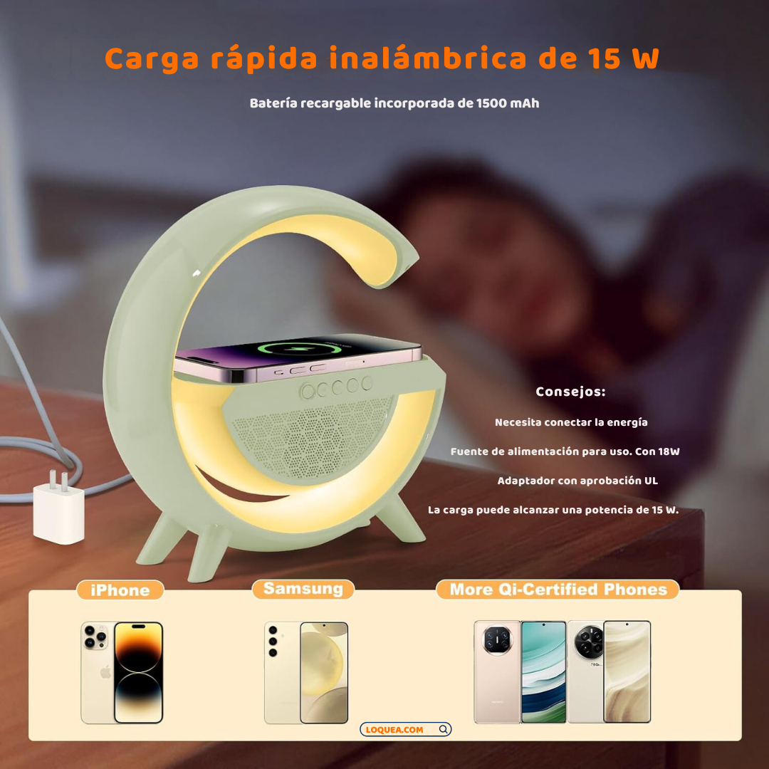 Lámpara Atmosférica LED en Forma de "G" Cargador Inalámbrico y Bocina Bluetooth