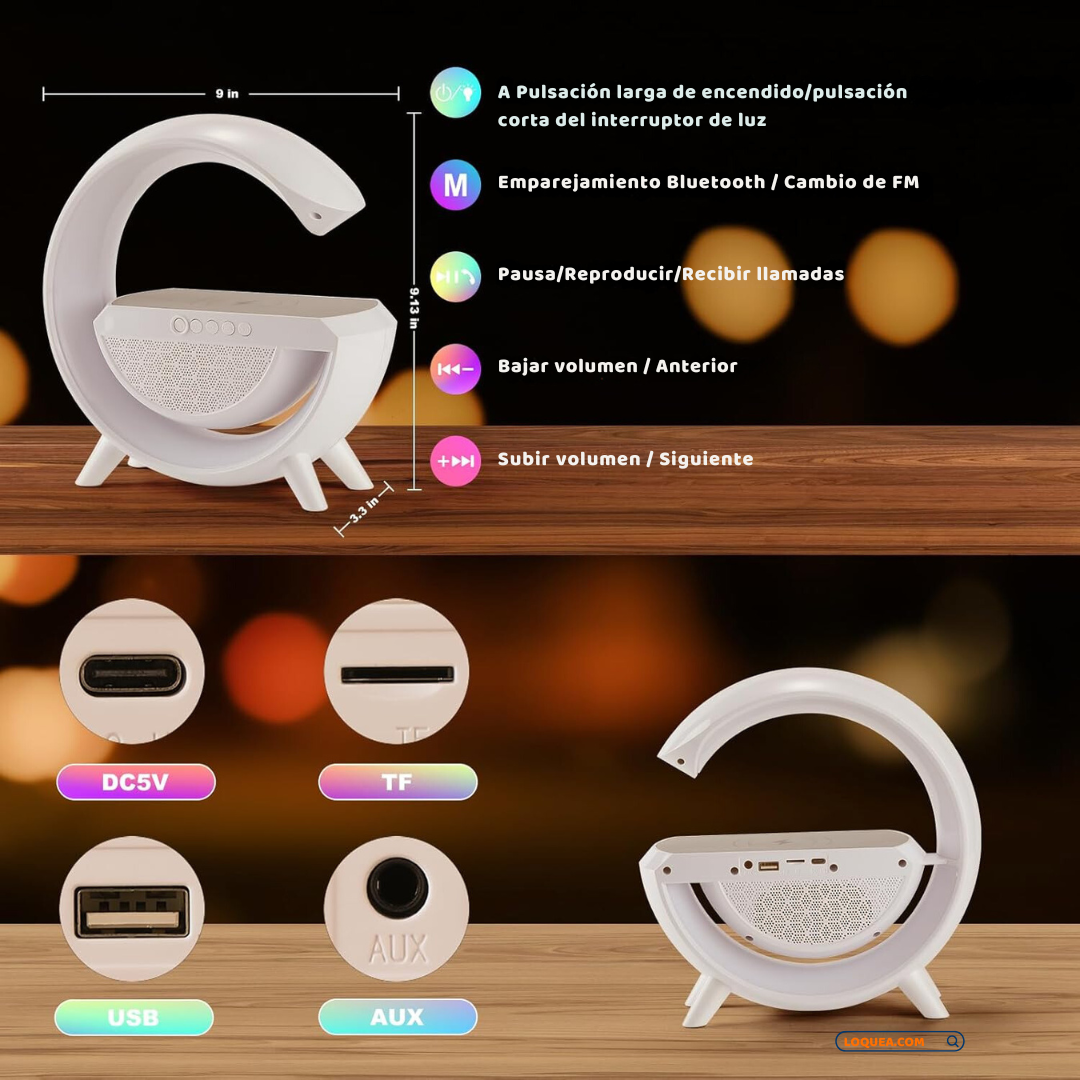 Lámpara Atmosférica LED en Forma de "G" Cargador Inalámbrico y Bocina Bluetooth